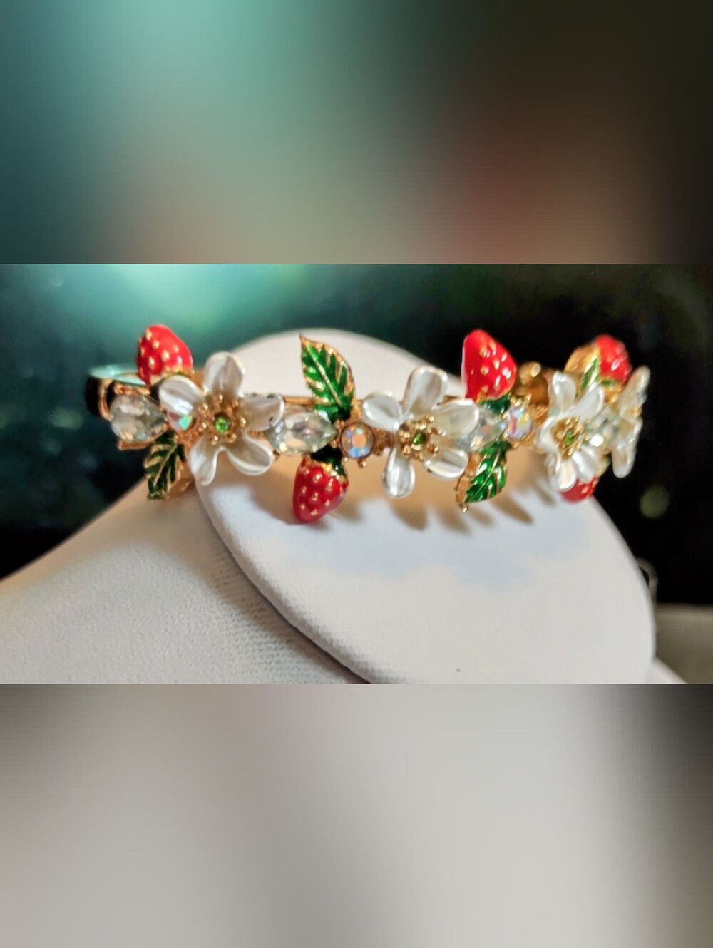 Floral & Strawberry Enamel Bracelet in Gold Tone - Picture 2 of 5